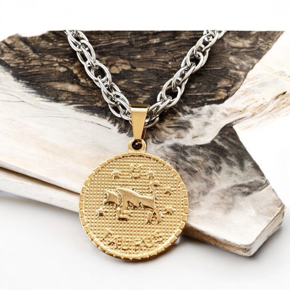 🆕 Taurus Gold Coin on Twisted Helix Necklace Stainless Steel